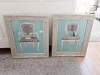 2 landelijke brocante schilderijen met stoelen, Huis en Inrichting, Woonaccessoires | Schilderijen, Tekeningen en Foto's, Ophalen of Verzenden