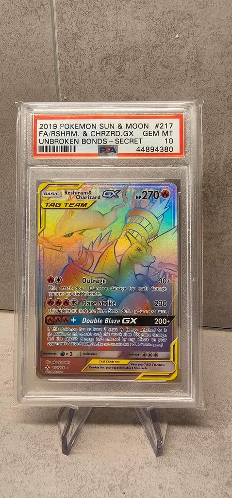 Reshiram & Charizard GX 217 PSA 10, Hobby en Vrije tijd, Verzamelkaartspellen | Pokémon, Zo goed als nieuw, Losse kaart, Foil