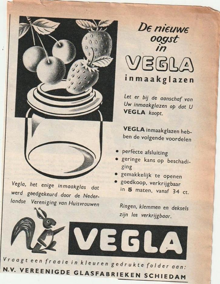 Retro reclame 1954 Vegla Schiedam inmaakglazen oogst, Verzamelen, Retro, Overige typen, Verzenden