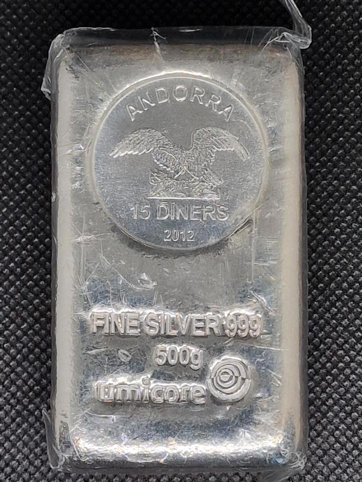 ZILVERBAAR UMICORE ANDORRA 500G 999 FINE SILVER, Postzegels en Munten, Edelmetalen en Baren, Zilver, Ophalen of Verzenden