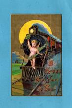 Oude nieuwjaar kaart/reliéf M255 - Engeltje voorop de trein, Verzamelen, Verzenden, Voor 1920, Gelopen