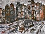 Mooi Schilderij Amsterdam met koetsje in sneeuw - op doek, Antiek en Kunst, Kunst | Schilderijen | Klassiek, Ophalen