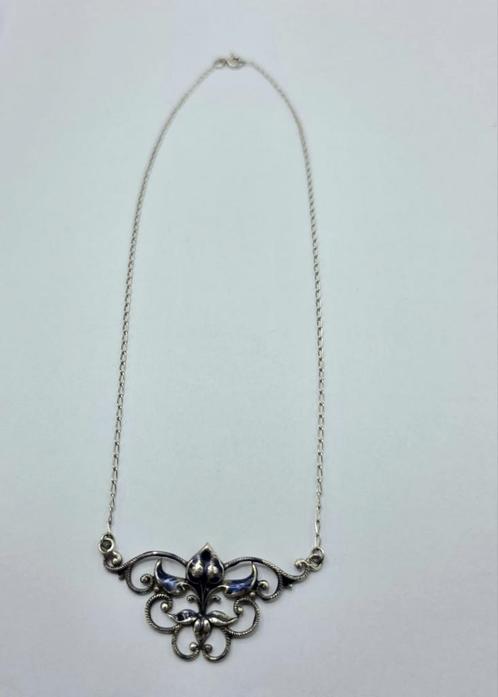 Art Deco Zilveren Ketting Met Blauwe Emaille, Sieraden, Tassen en Uiterlijk, Antieke sieraden, Ketting, Zilver, Verzenden