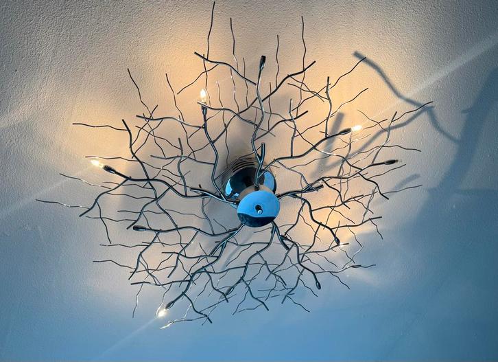 Design plafondlamp - organische takken - zilverkleur metaal, Huis en Inrichting, Lampen | Plafondlampen, Zo goed als nieuw, Metaal