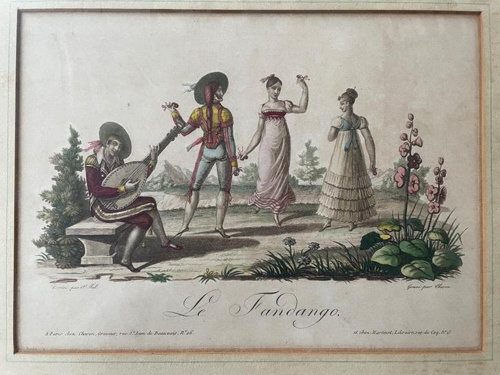 Le Fandango - zeer oud 1800-1820 Dans gravure, Antiek en Kunst, Kunst | Etsen en Gravures, Ophalen of Verzenden