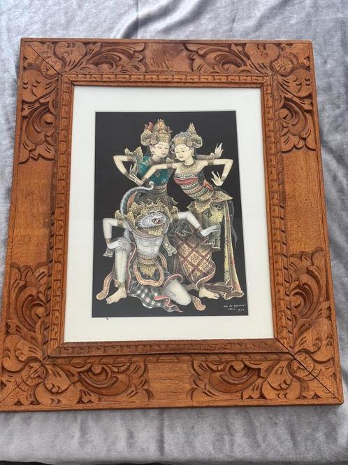 Prachtig Indonesisch-Balinees kunstwerk met houten lijst, Antiek en Kunst, Kunst | Niet-Westerse kunst, Ophalen of Verzenden