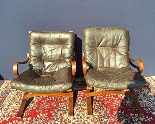 Retro vintage Deens design fauteuils, Ingmar Relling, stoel, Huis en Inrichting, Fauteuils, Gebruikt, Hout, Leer, 50 tot 75 cm