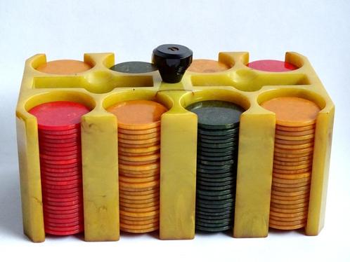 Geel Bakeliet / Catalin Gemarmerde Pokerchip Caddy, Hobby en Vrije tijd, Gezelschapsspellen | Kaartspellen, Zo goed als nieuw