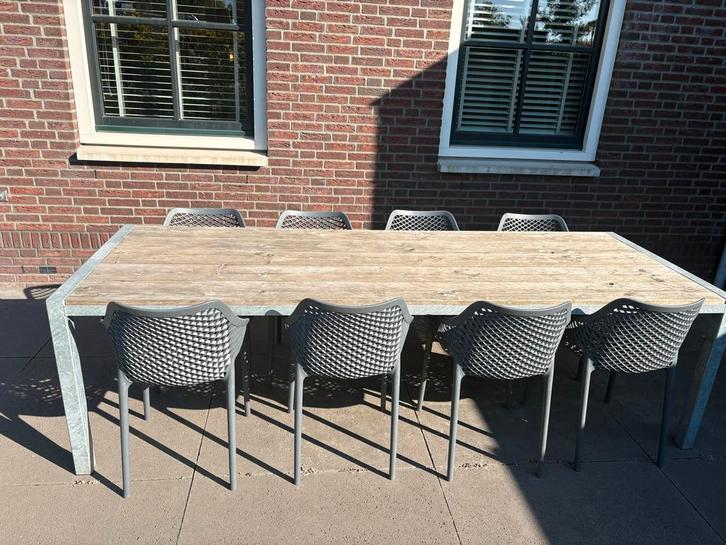 Steigerhouten tuintafel met stalen frame - 270cm, Tuin en Terras, Tuintafels, Gebruikt, Rechthoekig, Hout, Ophalen