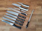 9 verschillende soorten keukenmessen inclusief aanzetstaal, Ophalen, Zo goed als nieuw, Rvs of Chroom, Vaatwasserbestendig