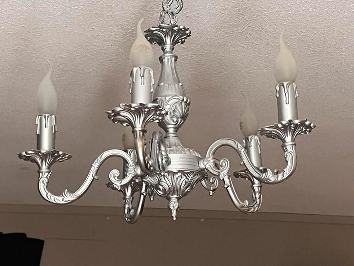 Zilverkleurige Kroonluchter 5-arms Empire Stijl, Huis en Inrichting, Lampen | Kroonluchters, Gebruikt, Metaal, Ophalen