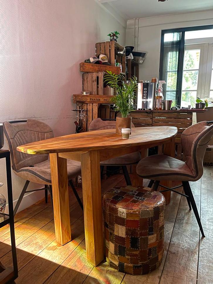 Handgemaakte ovale teakhouten eettafel - 180x70 cm, Huis en Inrichting, Tafels | Eettafels, Zo goed als nieuw, 50 tot 100 cm, 150 tot 200 cm