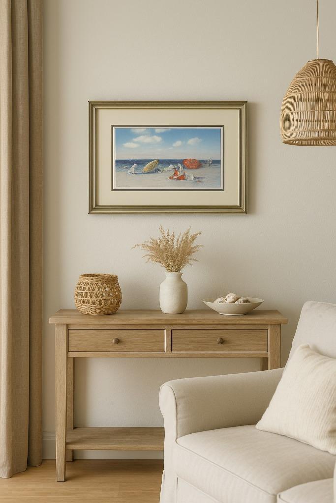Ingelijste prent – strandscène met parasols, Antiek en Kunst, Kunst | Schilderijen | Modern, Ophalen of Verzenden