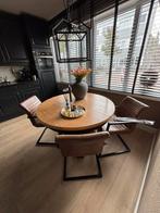 Ronde kloostertafel uitschuifbaar zwart met hout, Huis en Inrichting, Tafels | Eettafels, Ophalen, Gebruikt, Rond, Landelijk