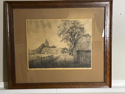 Jac. J. Koeman Zicht op boerderij en kerk - ets gesigneerd, Antiek en Kunst, Kunst | Etsen en Gravures, Ophalen of Verzenden