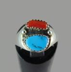 Prachtige oude NAVAJO zilver turquoise coral ring M18,5/19!, Met edelsteen, Gebruikt, Zilver, Dame of Heer