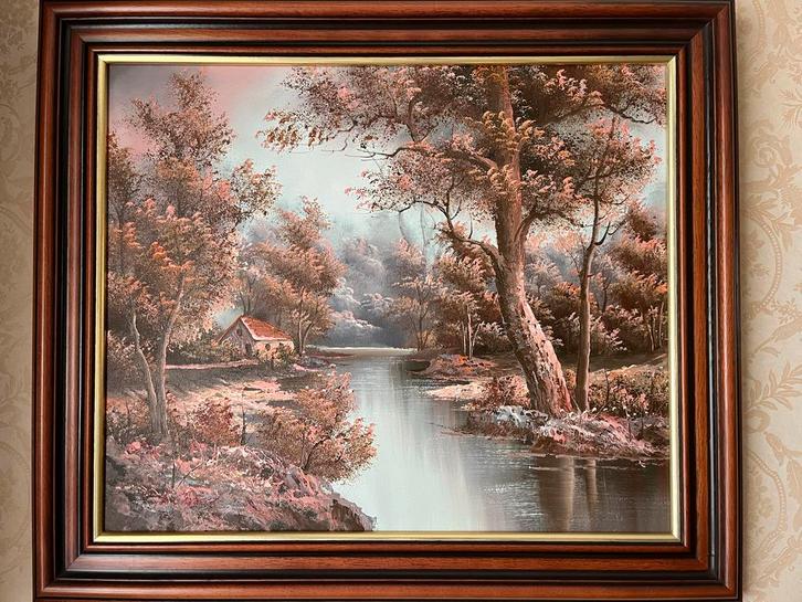 Schilderij: Landschap met huisje aan het water, Antiek en Kunst, Kunst | Schilderijen | Klassiek, Ophalen