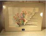 Mooi geschilderd Aquarel 'Bloemen bij Trap' - Erica Oort, Antiek en Kunst, Kunst | Schilderijen | Klassiek, Ophalen of Verzenden