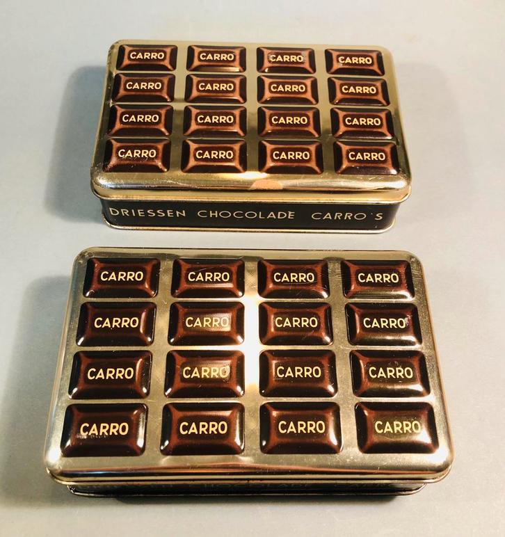 Twee kleine Driessen Carro Chocolade blikken, bruin goud, Verzamelen, Blikken, Zo goed als nieuw, Overige, Ophalen of Verzenden