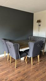 Eettafel met 3 stoelen en bankje. Dubbelman, Rivièra Maison, 100 tot 150 cm, Rechthoekig, Glas