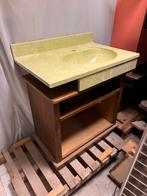 Vintage groene wasbak en donker eiken badkamermeubel, Huis en Inrichting, Badkamer | Badkamermeubels, Ophalen, Gebruikt, 50 tot 100 cm