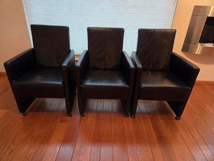 Leren Eetkamerstoelen - Zwart & Crème - Verstelbare Rug, Huis en Inrichting, Fauteuils, Gebruikt, Leer, 50 tot 75 cm, Minder dan 75 cm