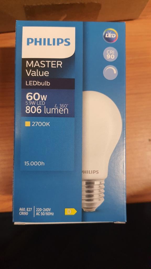 30st. Philips MAS VLE LEDbulb D5.9-60W E27 927 A60 FRG, 30 tot 60 watt, Led-lamp, Nieuw, Modern