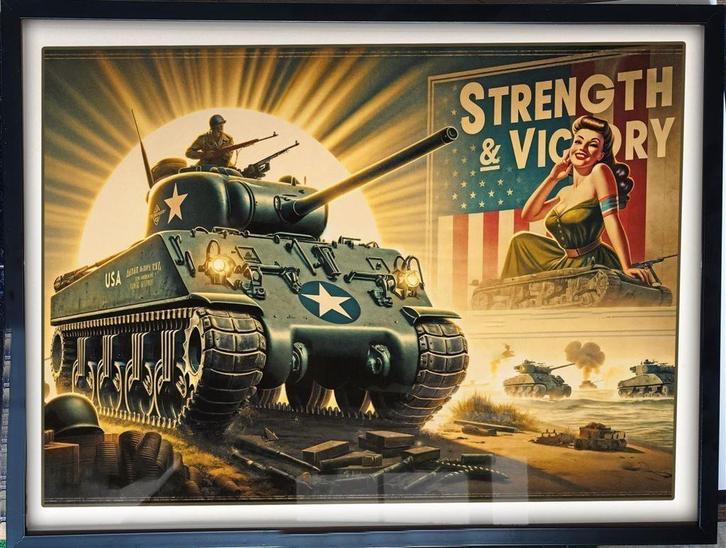 Unieke Leger WW2 Pin up Sherman tank poster in Lijst, Verzamelen, Militaria | Tweede Wereldoorlog, Foto of Poster, Nederland, Verzenden
