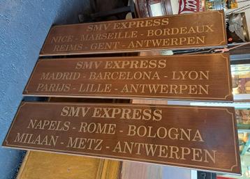 Oude Franse dubbelzijdige houten borden met tekst 150 cm  beschikbaar voor biedingen