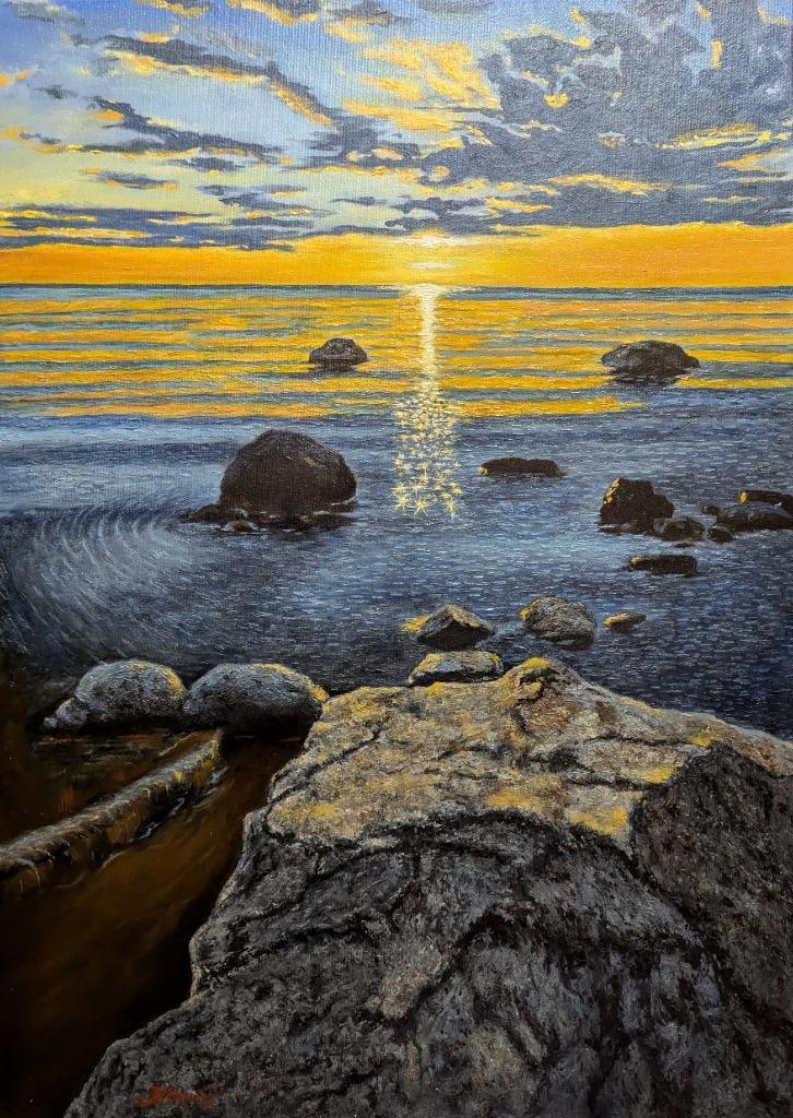 "Zonsondergang aan zee", Antiek en Kunst, Kunst | Schilderijen | Modern, Verzenden