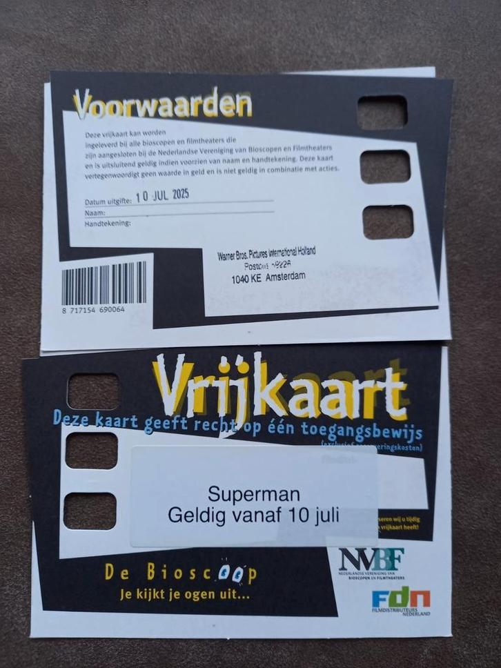 2 bioscoop kaartjes  / vrijkaarten voor de film Superman, Tickets en Kaartjes, Filmkaartjes