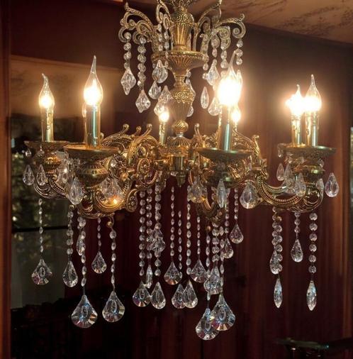 Groot kristallen kroonluchter barok klassiek messing goud, Huis en Inrichting, Lampen | Kroonluchters, Zo goed als nieuw, Overige materialen