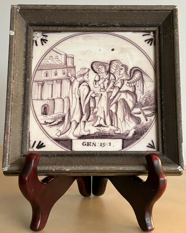 18e eeuwse bijbelse mangaan tegel Lot en 2 engelen in Sodom, Antiek en Kunst, Antiek | Wandborden en Tegels, Verzenden