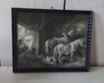 Vintage lijstje met vintage afbeelding paarden mensen stal, Antiek en Kunst, Kunst | Tekeningen en Foto's, Ophalen of Verzenden