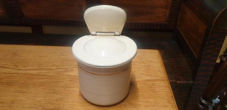 Emaille zout pot ecru gouden biezen emaille deksel, Antiek en Kunst, Antiek | Emaille, Ophalen of Verzenden