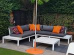 Loungeset wit aluminium frame met grijze kussens., Tuin en Terras, 5 zitplaatsen, Bank, Aluminium, Ophalen of Verzenden
