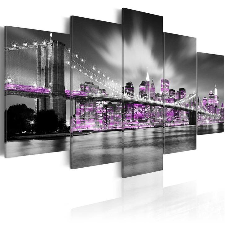 New York Brug Paars 5 Luik Schilderij 100x50cm, Antiek en Kunst, Kunst | Schilderijen | Abstract, Ophalen of Verzenden