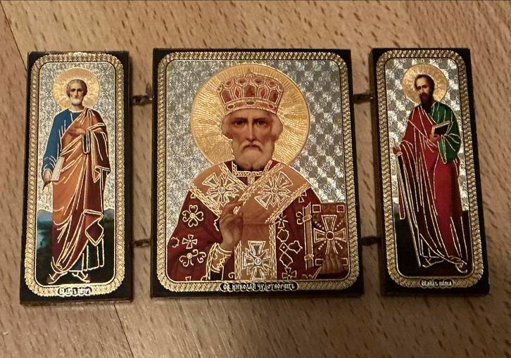 Kleine Houten Triptiek - 7x5cm, Antiek en Kunst, Antiek | Religie, Ophalen of Verzenden