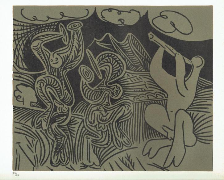 Picasso Dancing Satyrs and Flute Player Linocut, Antiek en Kunst, Kunst | Litho's en Zeefdrukken, Ophalen of Verzenden