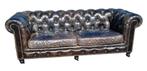Industriële Chesterfield bank vintage zwart leer + BEZORGING, Gebruikt, Chesterfield, Driepersoons, Ophalen of Verzenden