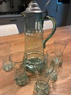 Antieke drinkset karaf met tinnen scharnierdeksel 5 glazen, Ophalen of Verzenden
