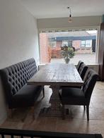 Eetkamer set (tafel, bank, stoelen), Ophalen, Zo goed als nieuw, Kloostertafel, landelijk, 6 tot 8 stoelen