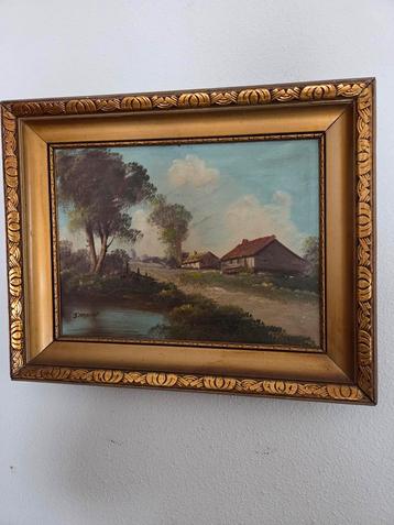 Gesigneerd oud schilderij in goudkleurige lijst beschikbaar voor biedingen