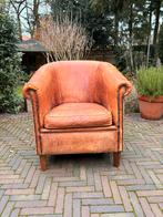 Schapenleren fauteuil met hocker, Ophalen, Gebruikt, Leer, 75 tot 100 cm
