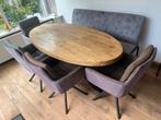 Eettafel met 4 stoelen en eetbank z.g.a.n. industriële styl, Huis en Inrichting, Ophalen, 50 tot 100 cm, Zo goed als nieuw, Vijf personen of meer