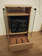 Houten audiomeubel met glazen deuren, Ophalen, Minder dan 50 cm, Gebruikt, Glas