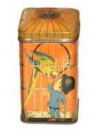 Engels Toffeeblik Sharp's Papagaai in vogelkooi met mannetje, Verzamelen, Blikken, Ophalen of Verzenden, Gebruikt, Overige