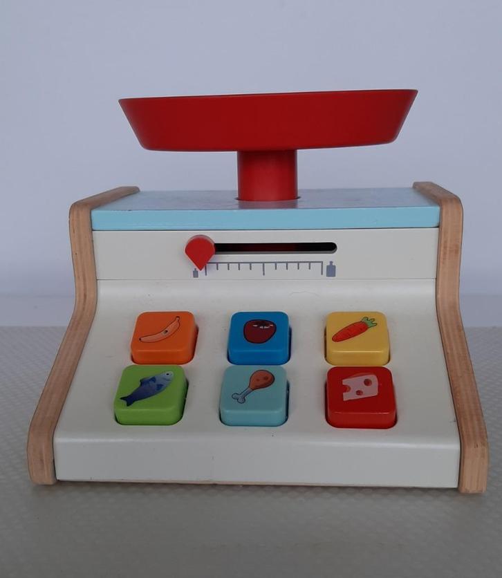 Weegschaal hout en plastic etenswaren., Kinderen en Baby's, Speelgoed | Houten speelgoed, Zo goed als nieuw, Meubelstuk of Keukentje
