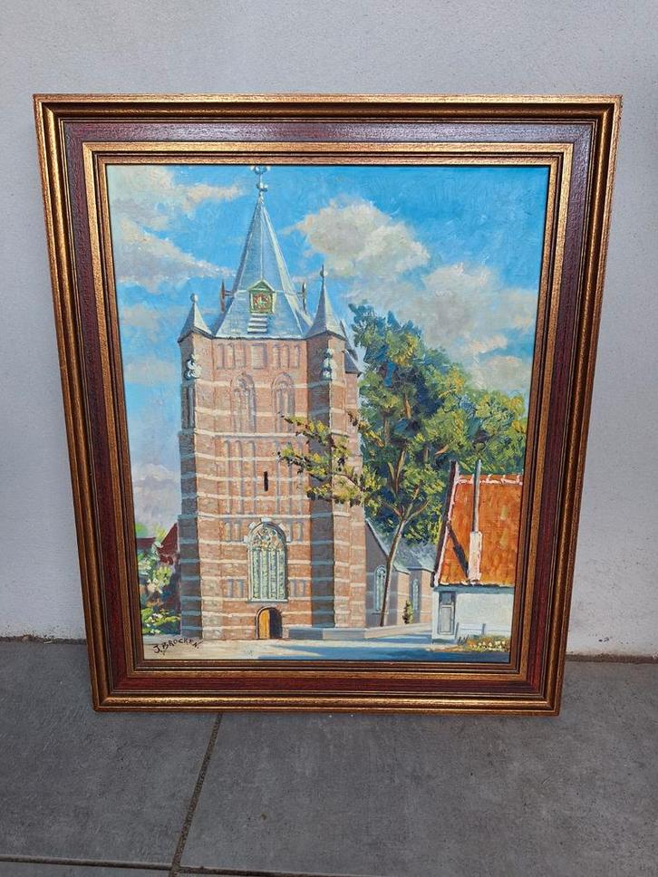 Schilderij met Lijst - Torenlandschap 50x59cm, Antiek en Kunst, Kunst | Schilderijen | Klassiek, Ophalen of Verzenden