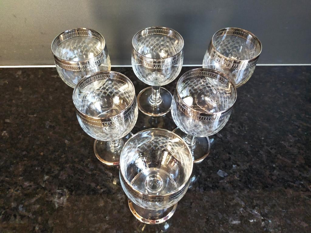 Zes (6) gegraveerde glaasjes, zilveren randen, Verzamelen, Glas en Borrelglaasjes, Ophalen of Verzenden, Zo goed als nieuw, Overige typen